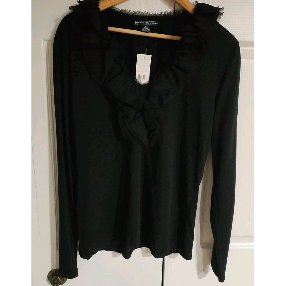 american living Women's Long Sleeve Shirt  Black With Sheer Appliqué At Neck XL